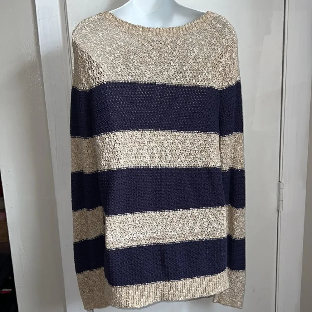 LOFT Beige and Navy Striped Cotton Linen Blend Loose Knit Sweater-L